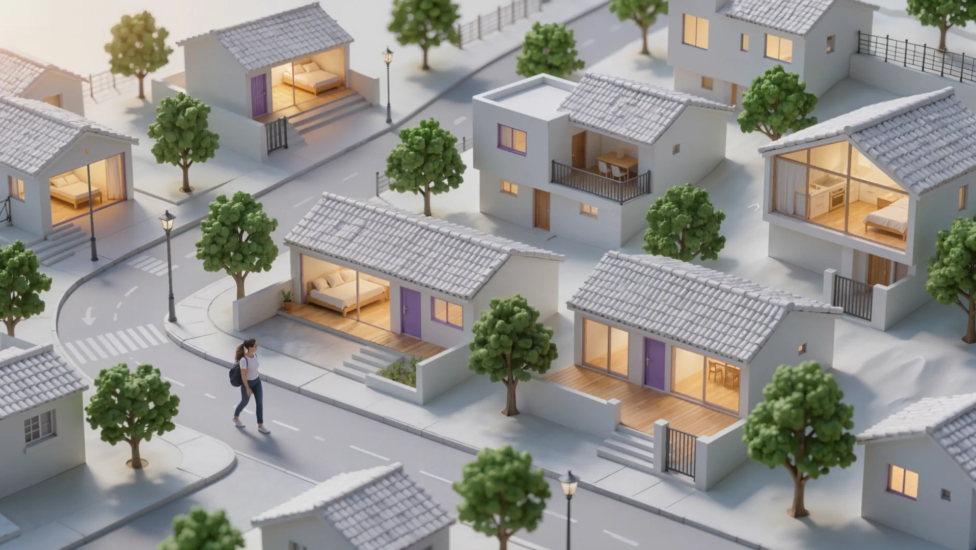 Maquete de um bairro com casas abertas e uma profissional de mochila caminhando pela calçada até uma delas