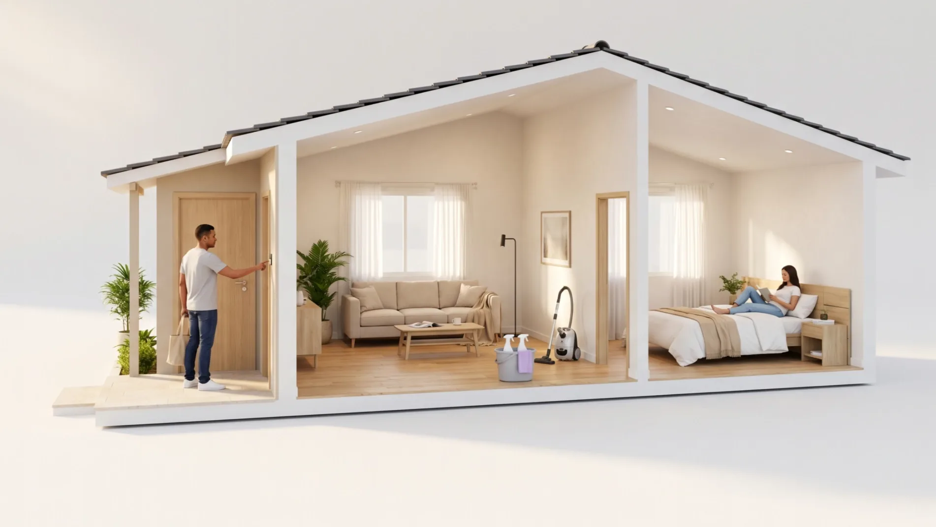 Casa em corte com o profissional tocando a campainha e a moradora lendo no quarto