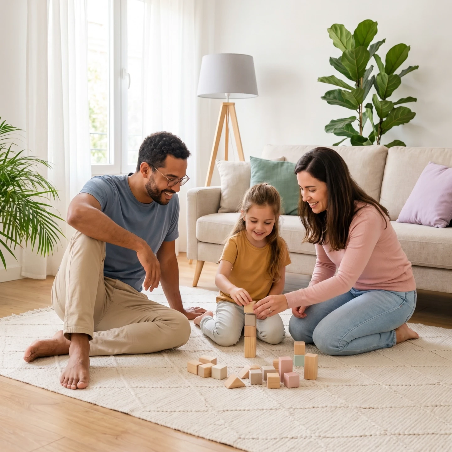 Pai, mãe e filha brincando com blocos de madeira no tapete da sala